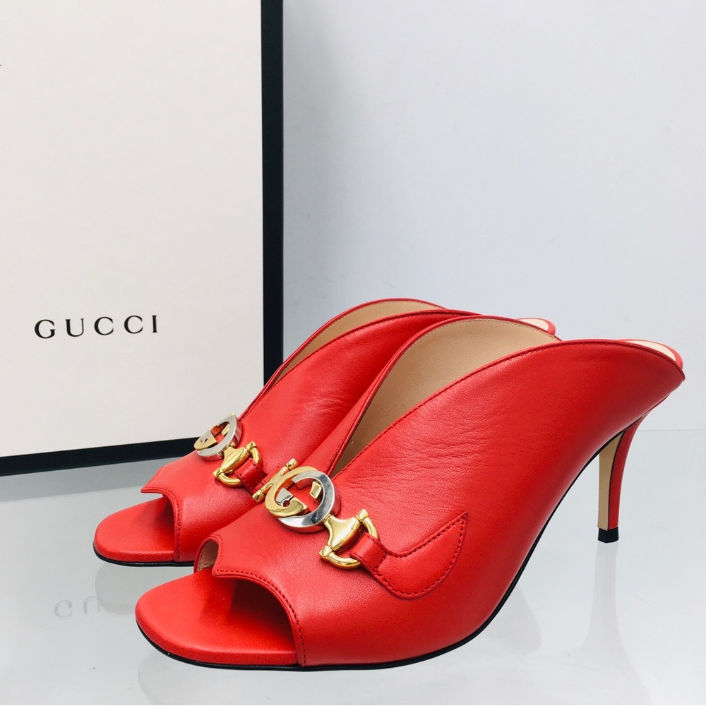 Gucci 602412 C9D00 6634 Red Leather Mid Heel Slide Sandals - Picture 2 of 13